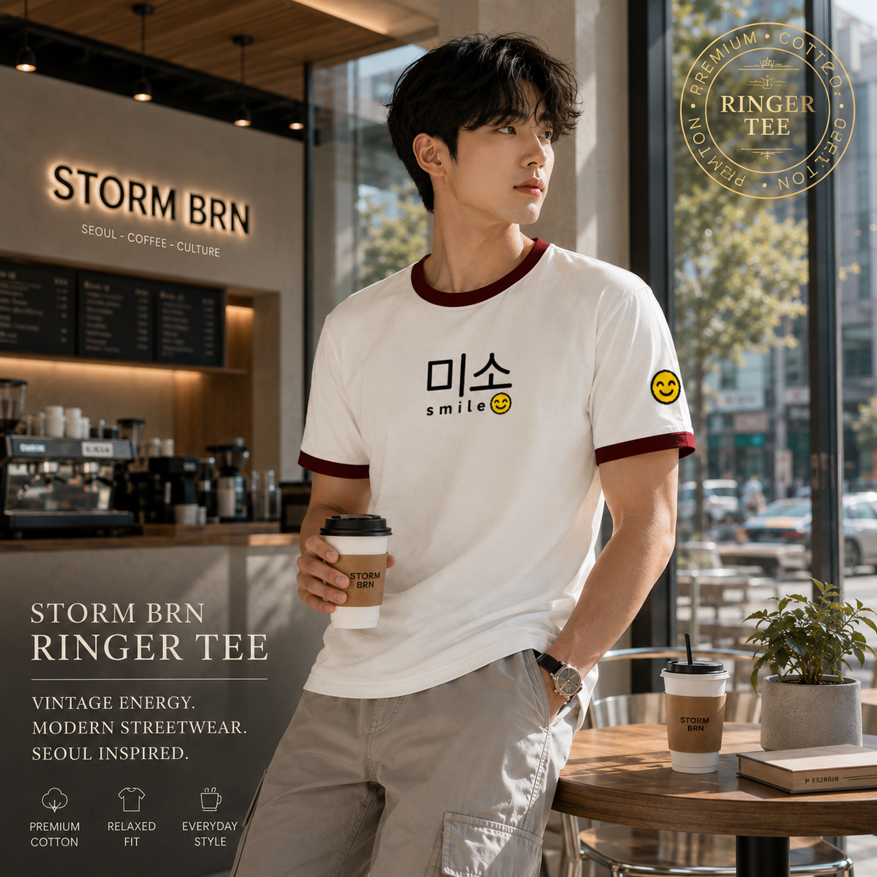 Ringer Tee – Smile Vibes Only 😊✨ | Retro Korean Aesthetic