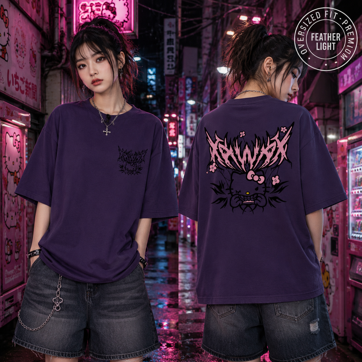 🖤 KAWAII CHAOS – Gothic Anime Oversized Tee 🎀⚡