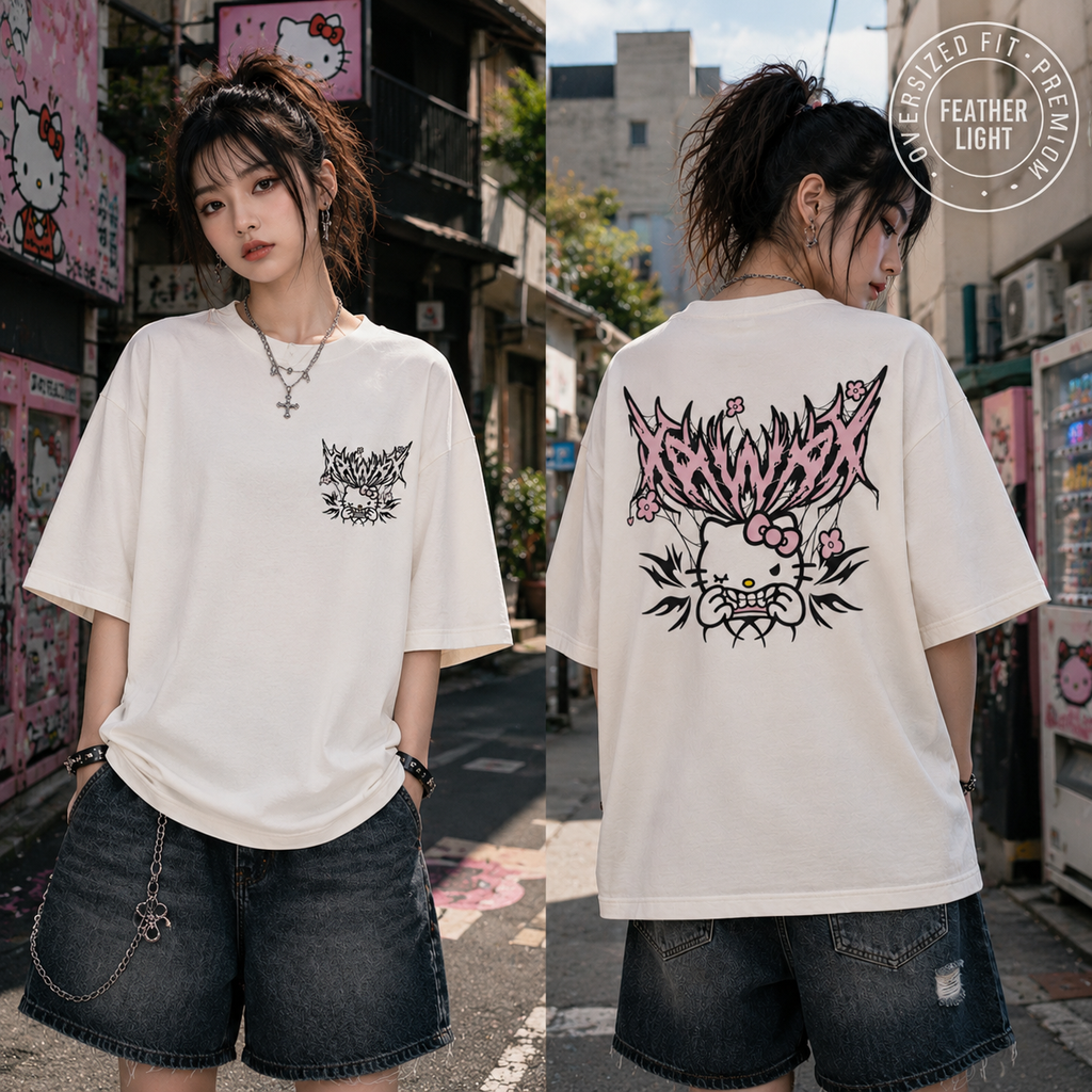 🖤 KAWAII CHAOS – Gothic Anime Oversized Tee 🎀⚡