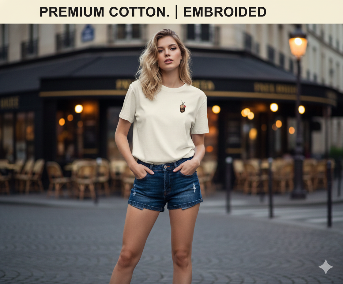 Tiny Bug Energy Tee – Soft-Cute Embroidery Edition
