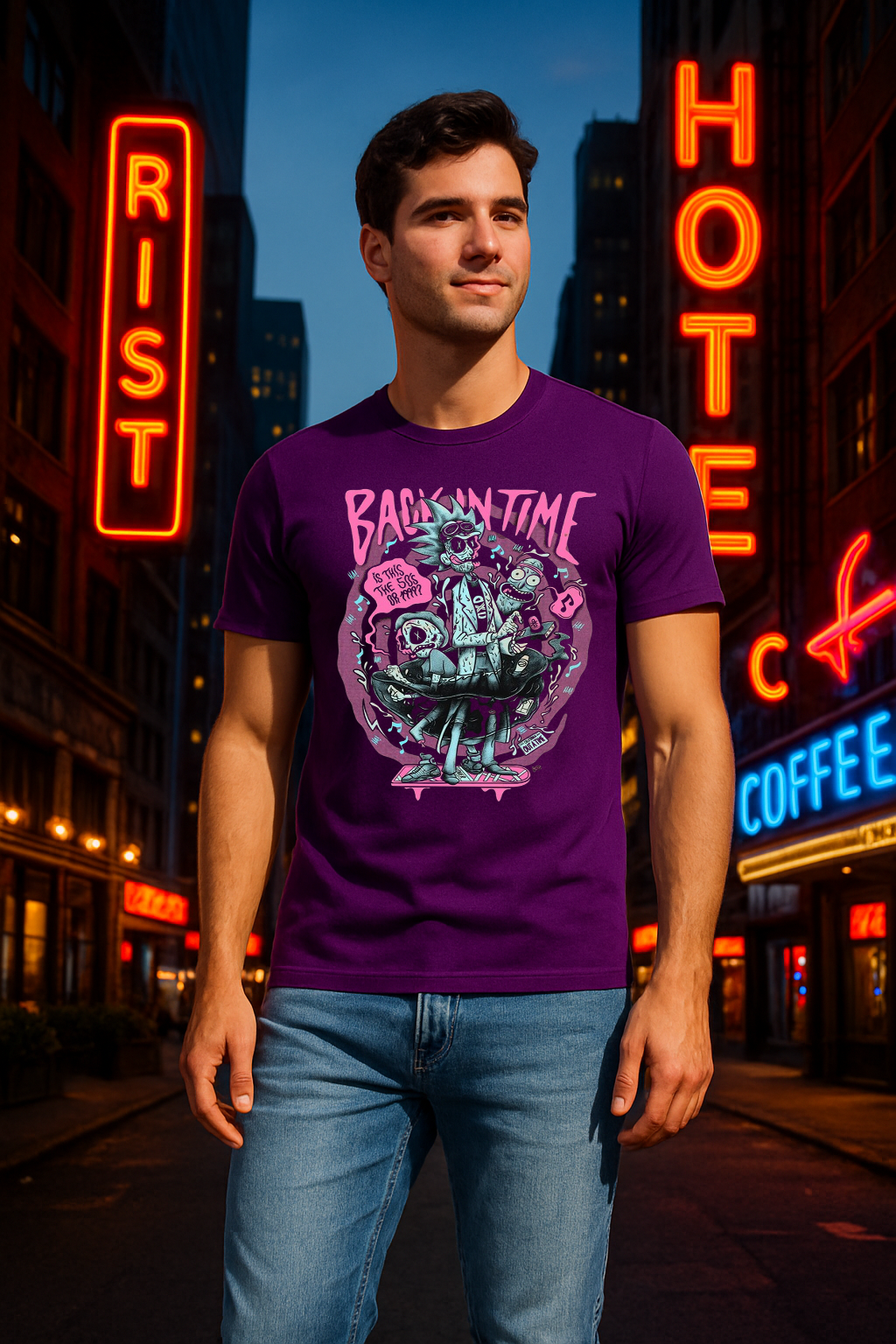 🚀 “Back In Time” – RickXMorty Retro Chaos Tee 🕶️
