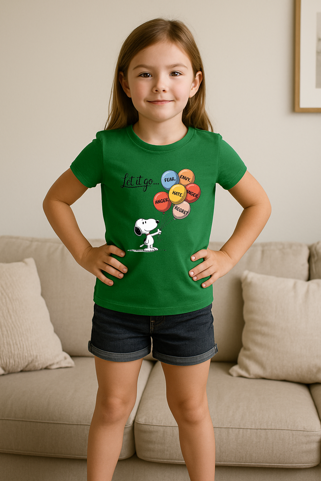 Storm Brn ✨ Unisex Kids T-Shirt (Age 0–13 Yrs) 👕 | Regular Fit | “Let It Go” Snoopy Balloon Vibes 🎈💚 | (See the Size Chart Before Choosing as It’s Unisex ⚡)