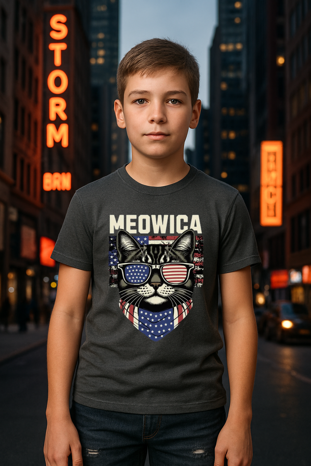 “MEOWICA” Kids’ T-Shirt – Patriotic Purr Edition ???