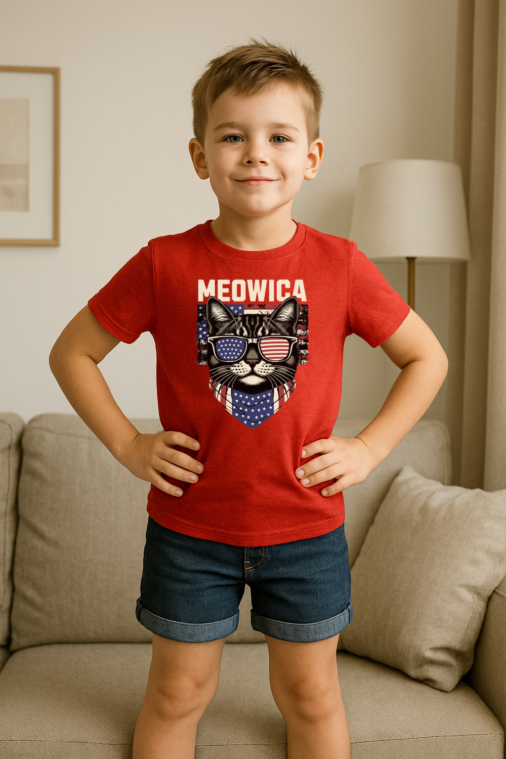 “MEOWICA” Kids’ T-Shirt – Patriotic Purr Edition ???