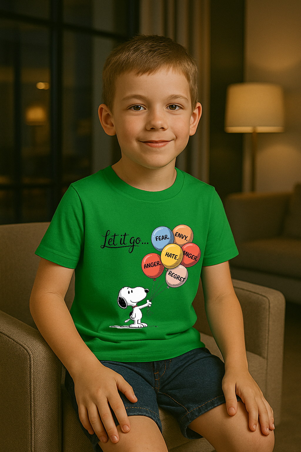 Storm Brn ✨ Unisex Kids T-Shirt (Age 0–13 Yrs) 👕 | Regular Fit | “Let It Go” Snoopy Balloon Vibes 🎈💚 | (See the Size Chart Before Choosing as It’s Unisex ⚡)