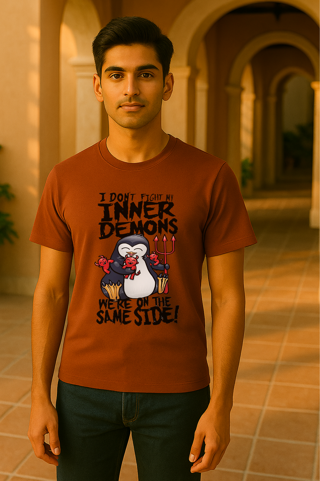 🐧🔥 Inner Demons Penguin Tee – Unisex | 100% Cotton | Regular Fit