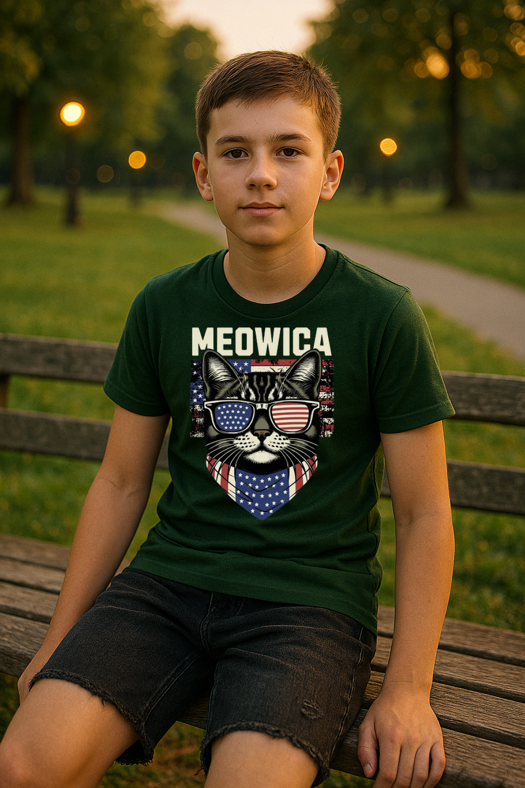“MEOWICA” Kids’ T-Shirt – Patriotic Purr Edition ???