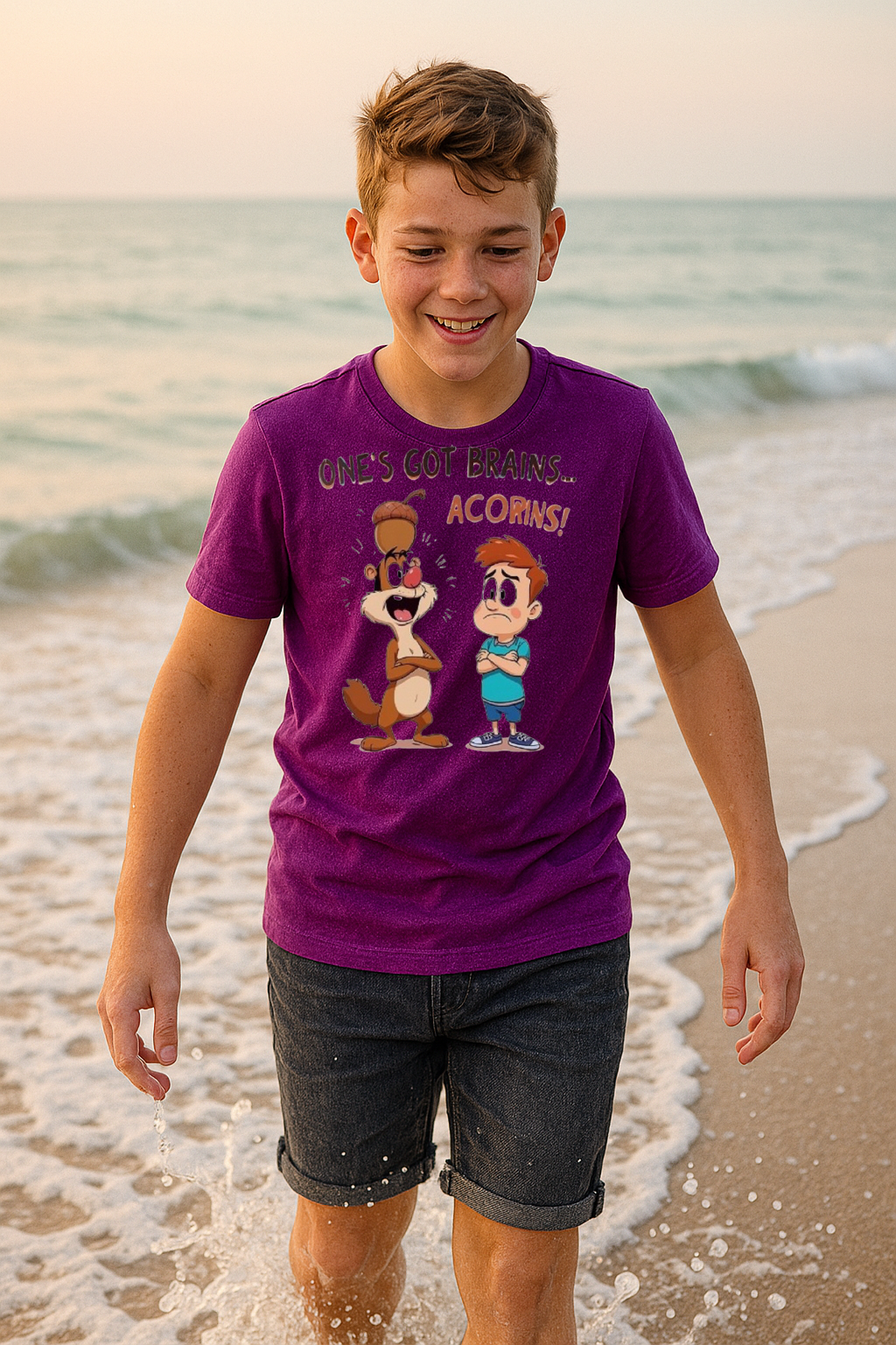 "Brains? Nope, Just Acorns!" Kids’ Funny Cartoon Tee 🌰🧠