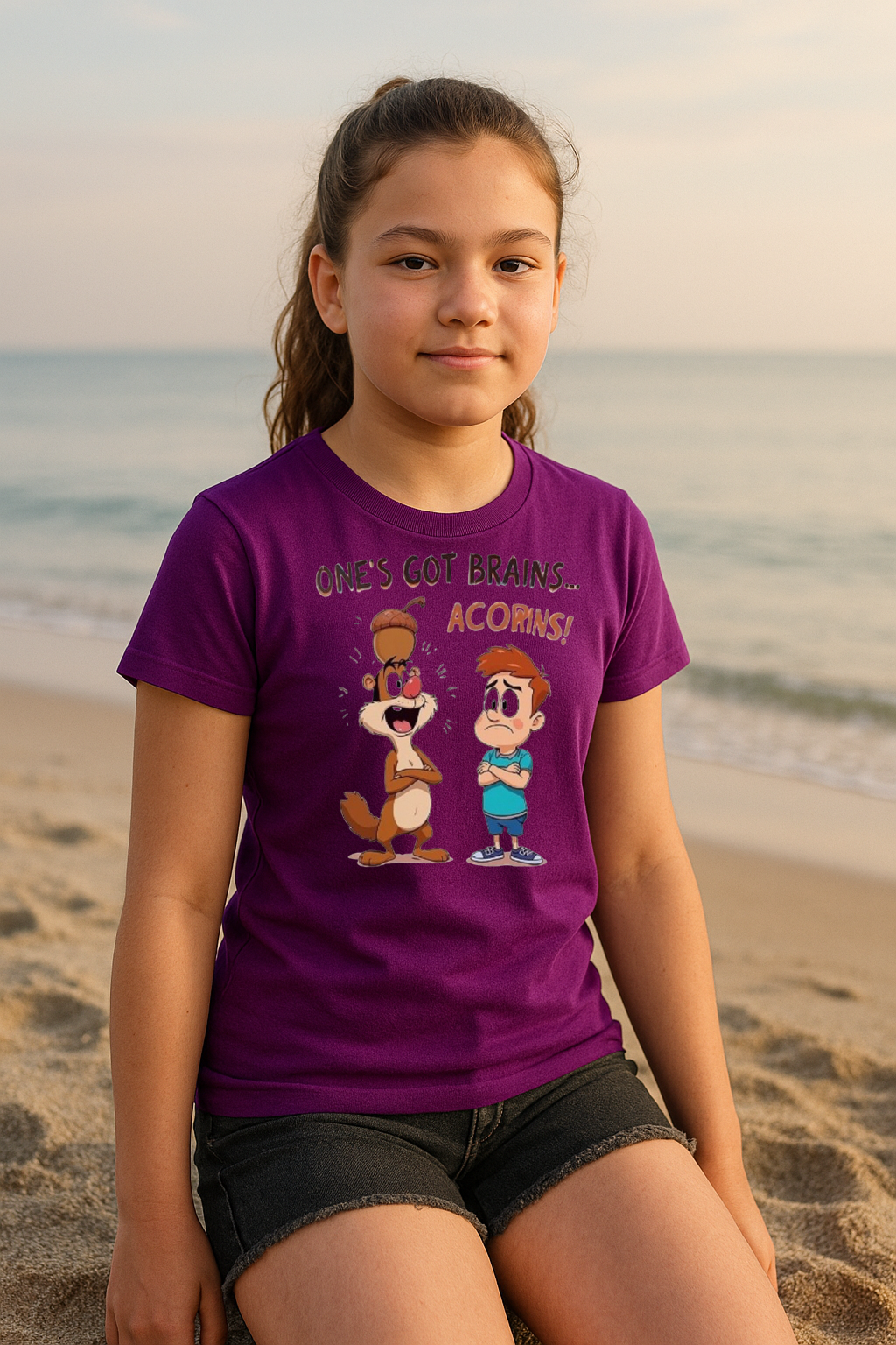 "Brains? Nope, Just Acorns!" Kids’ Funny Cartoon Tee 🌰🧠