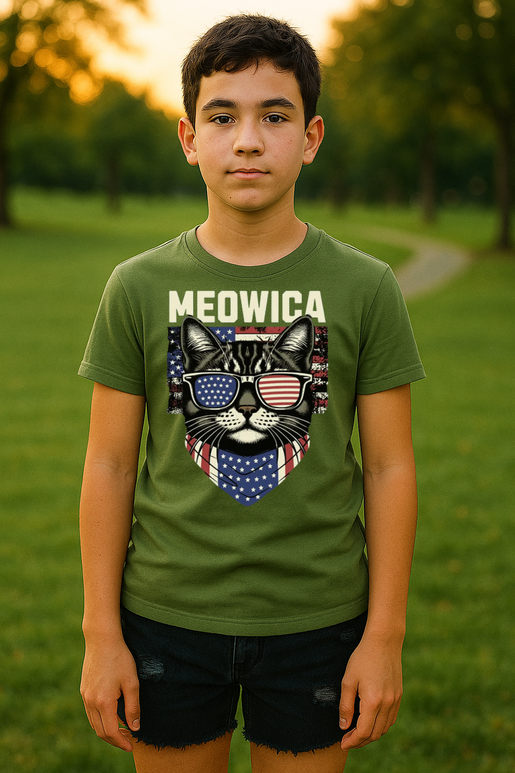 “MEOWICA” Kids’ T-Shirt – Patriotic Purr Edition ???