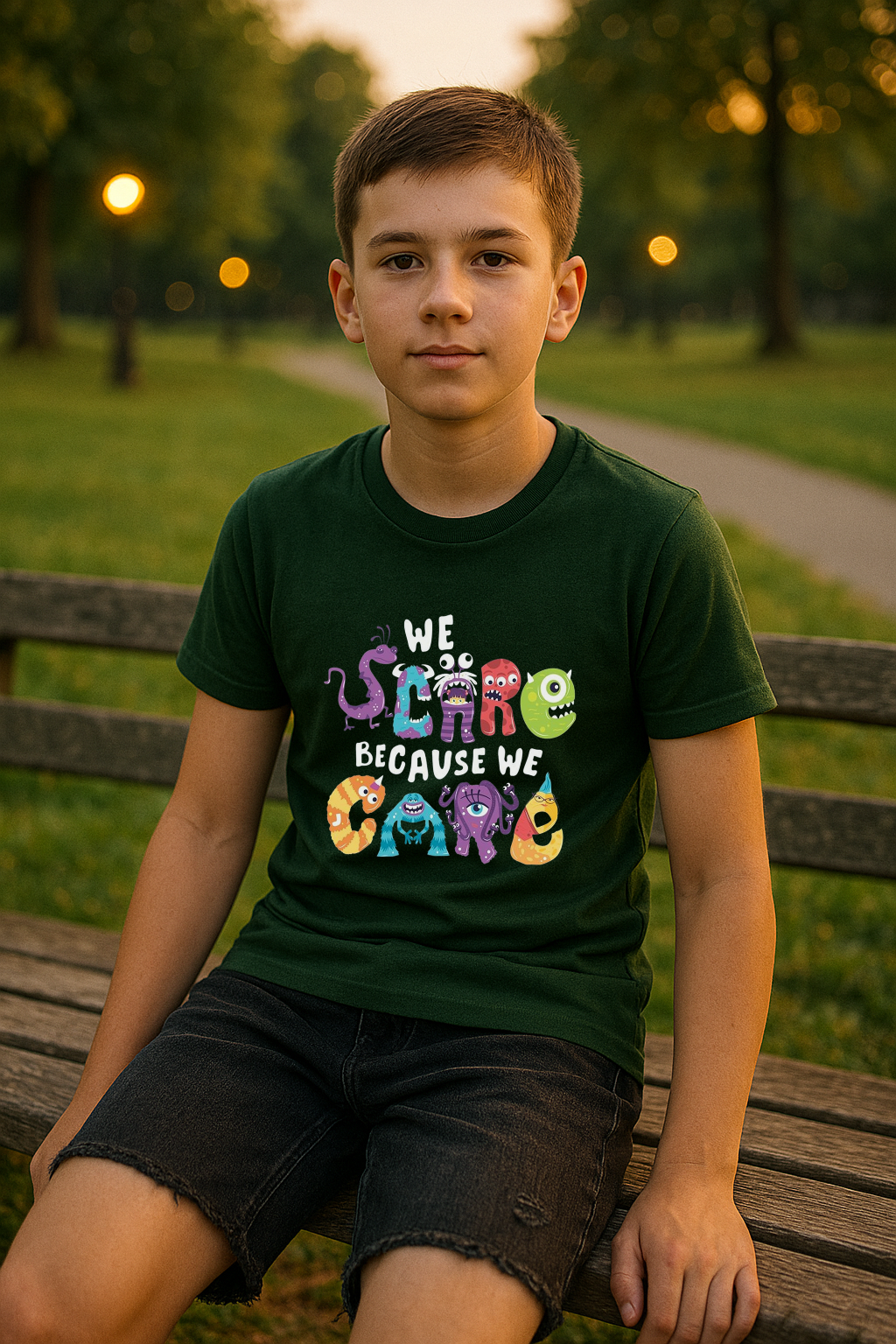 “We Scare Because We Care” Funny Monster Graphic Boys T-Shirt