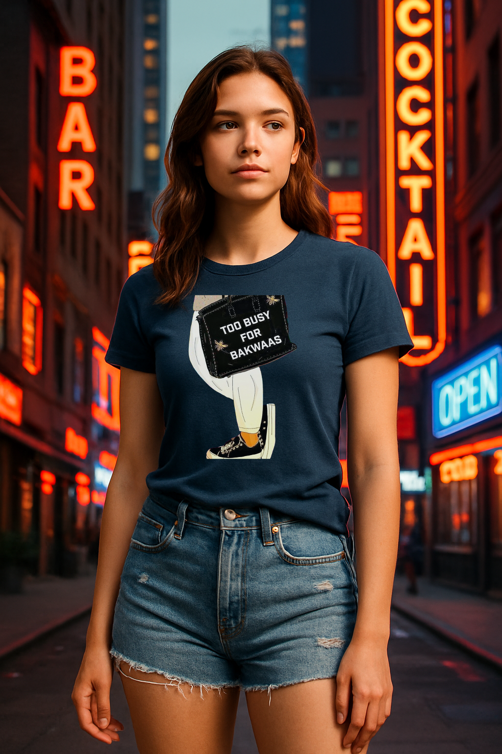 "TOO BUSY FOR BAKWAAS"  —perfectly blending sass, desi flavor, and fashion-forward vibes.