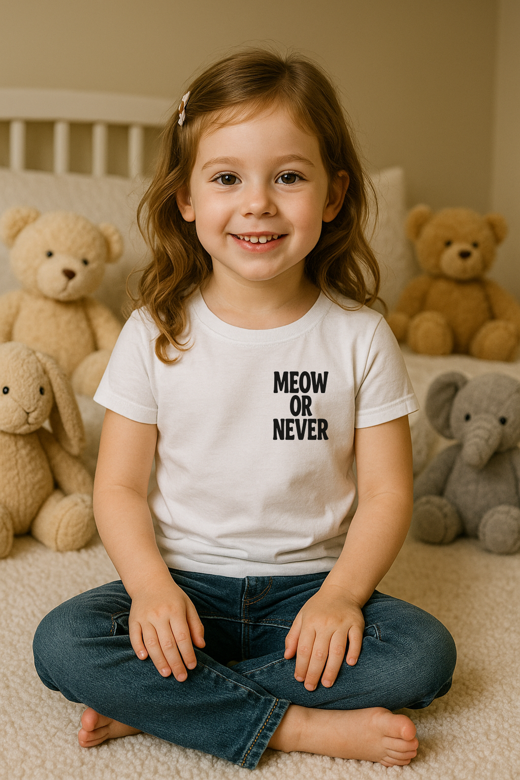 Meow or Never Kitty Tee – Dual-Sided Puff Print | Girls (0–13 Years)