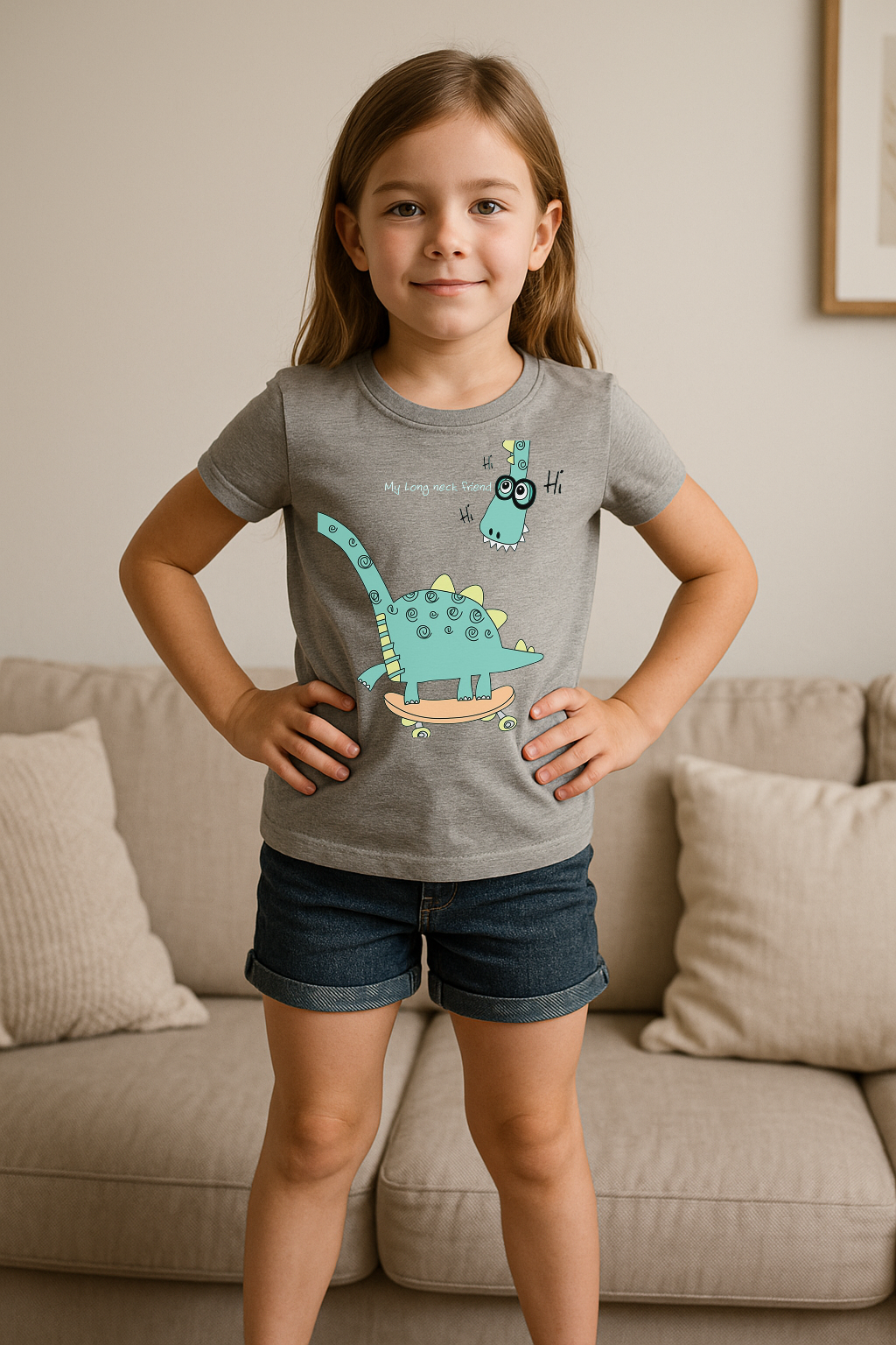 Girls’ Dinosaur T-Shirt with Skateboard Print | Ages 0–13 | Soft Cotton Tee