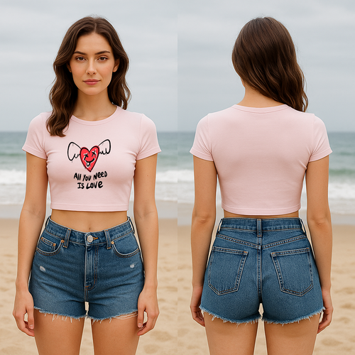 "All You Need Is Love" – Winged Heart Graphic Crop Top for Women
