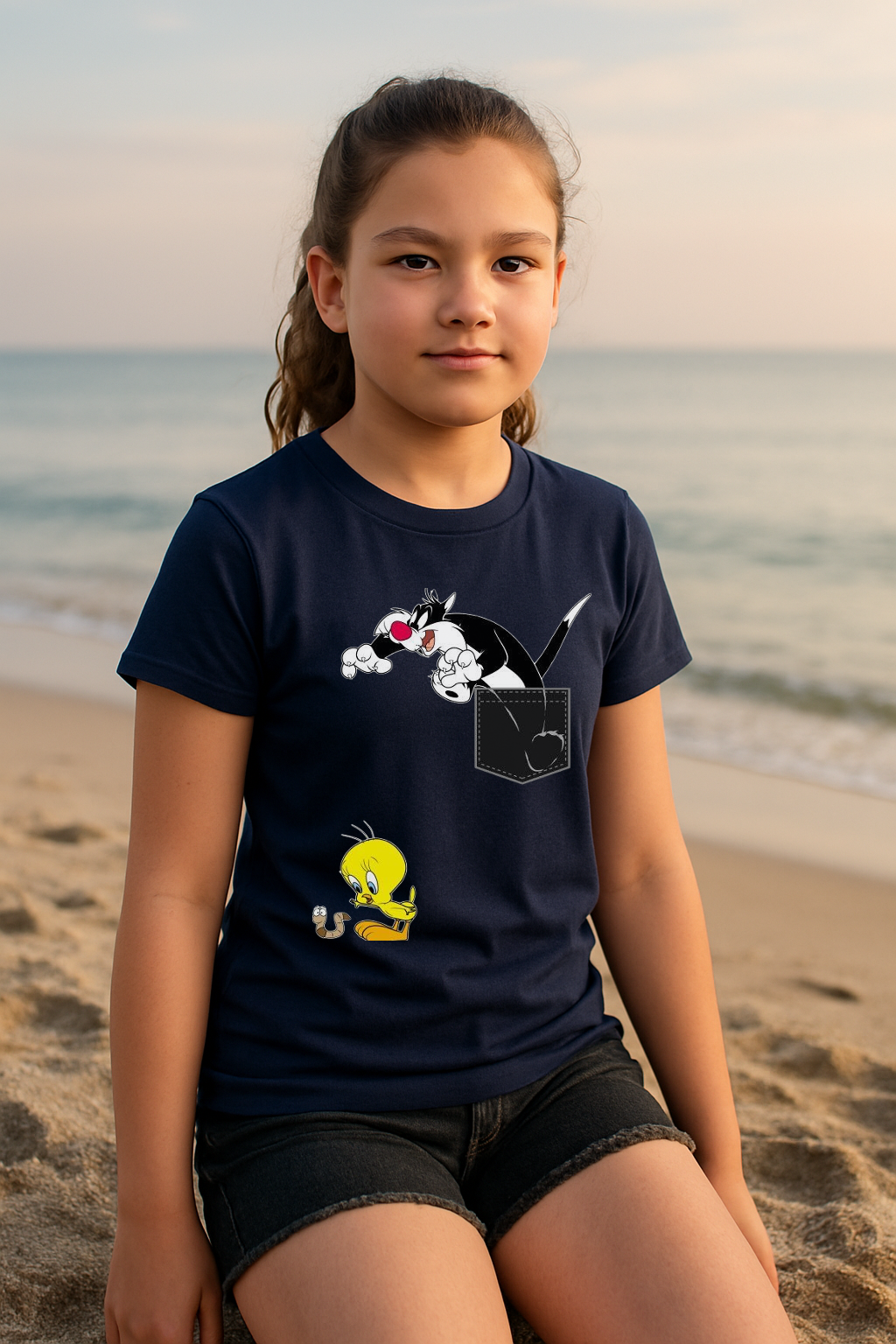 🎨 Cute Cartoon Pocket Tee for Girls – Playful Style for Ages 0–13 🌈