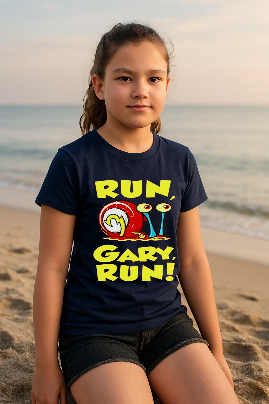 Run, Gary, Run! Tee – Cartoon Snail Sprint Shirt for Girls (0–13 Years)