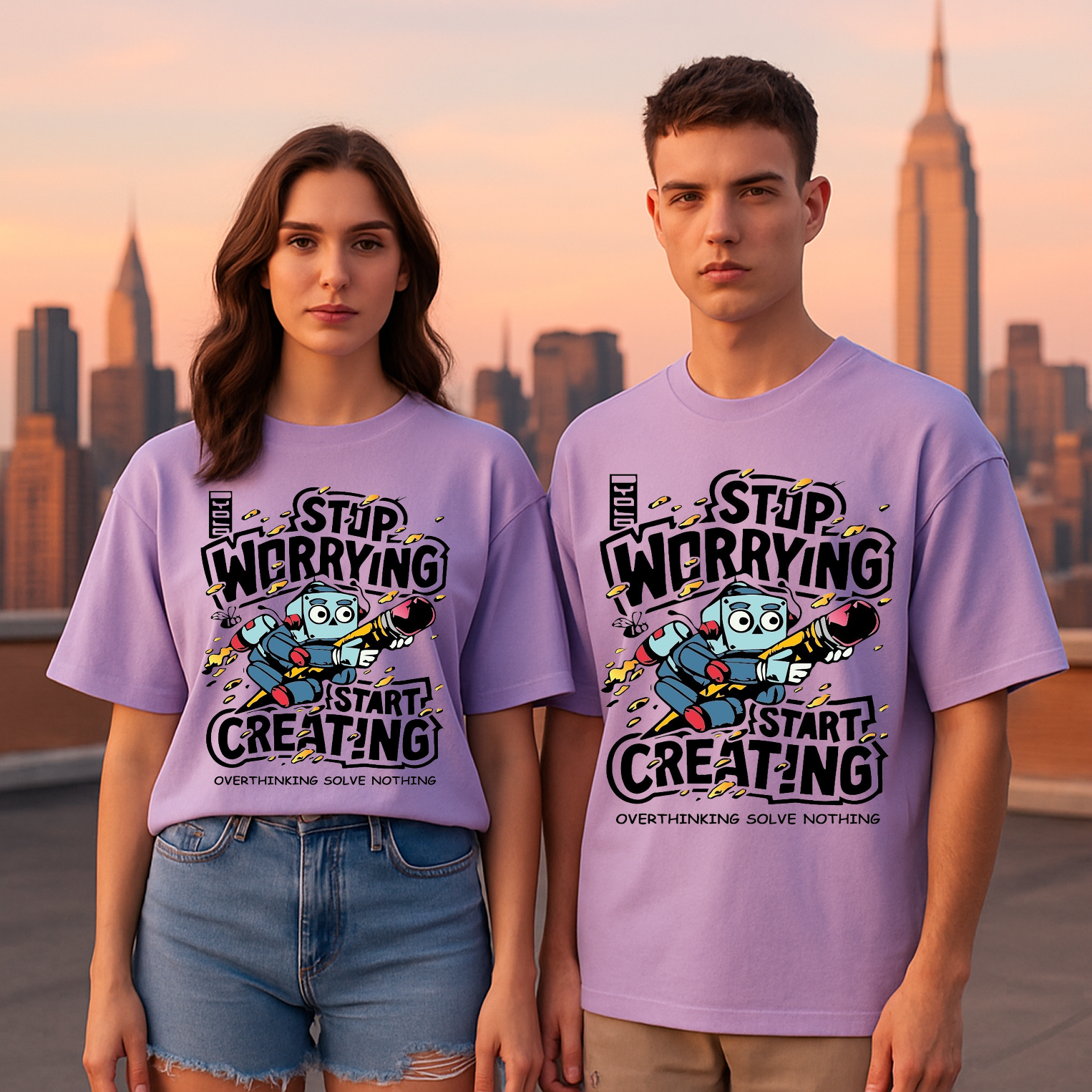“Stop Worrying, Start Creating” Unisex Oversized Tee – 100% Cotton | Creative Energy in Every Stitch ✍️💥