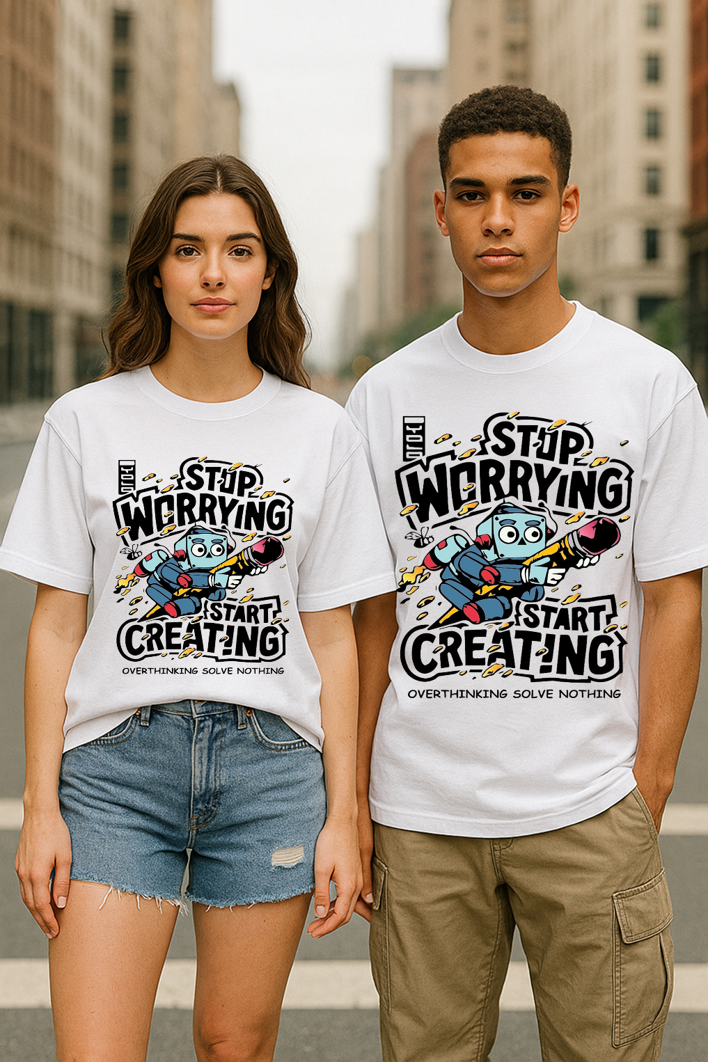 “Stop Worrying, Start Creating” Unisex Oversized Tee – 100% Cotton | Creative Energy in Every Stitch ✍️💥