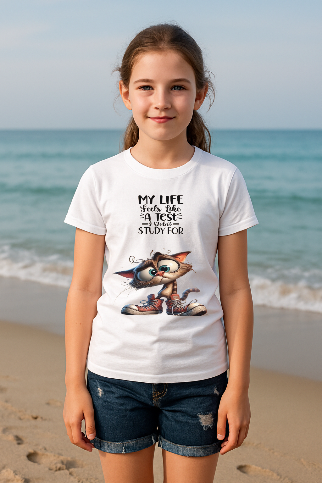 🐾 "Test I Didn’t Study For" Girls' Cartoon Cat T-Shirt