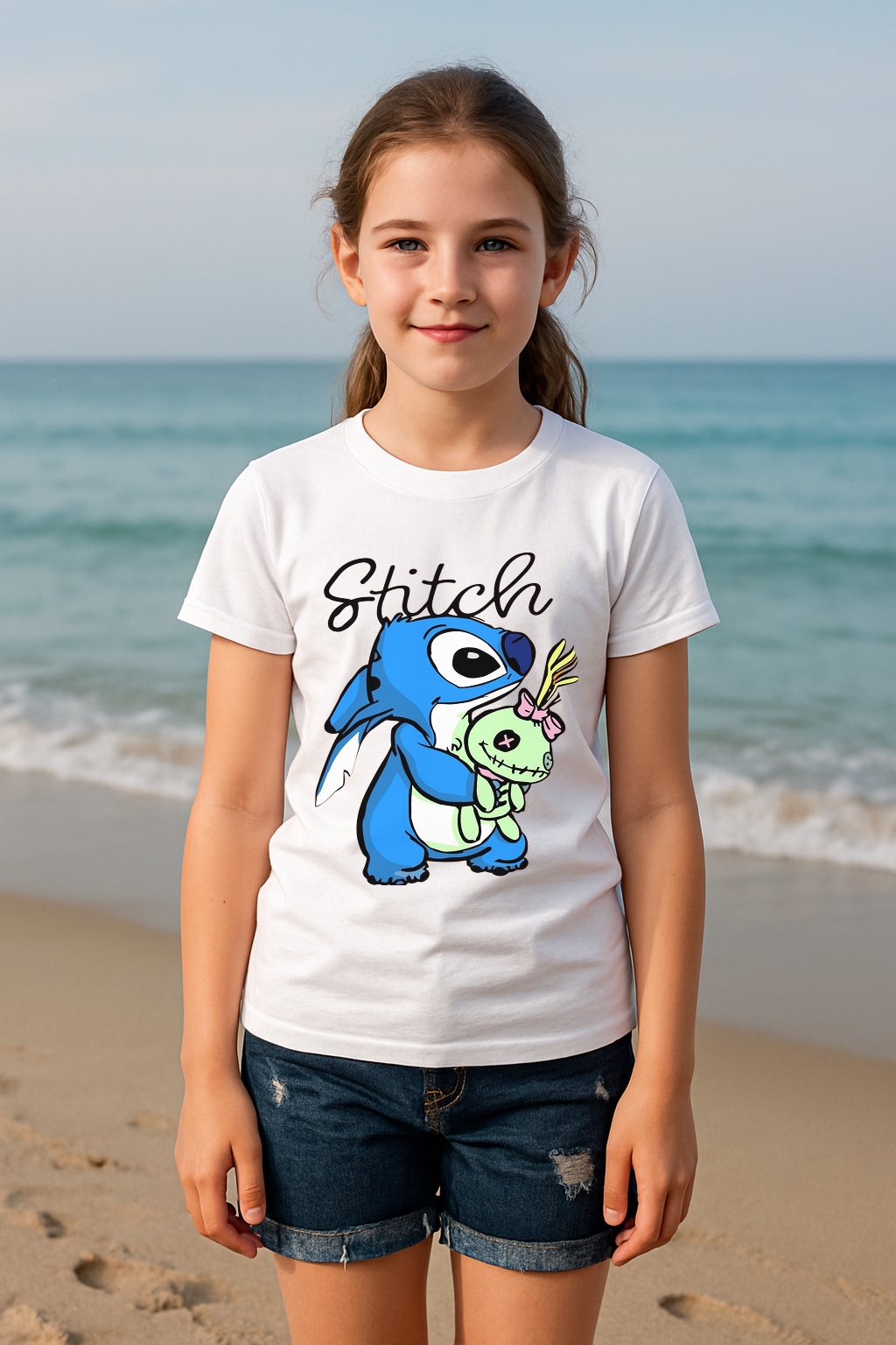 🌺 "Stitch & Scrump Hug" Girls’ Graphic T-Shirt